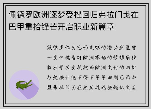 佩德罗欧洲逐梦受挫回归弗拉门戈在巴甲重拾锋芒开启职业新篇章